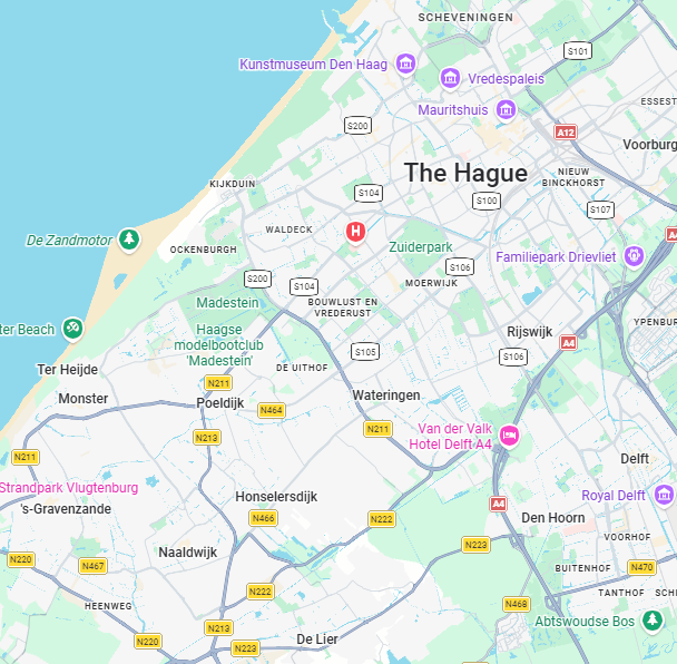 Kaart van Den Haag en omgeving, met Rijswijk, Wateringen, Delft en plaatsen in het Westland.